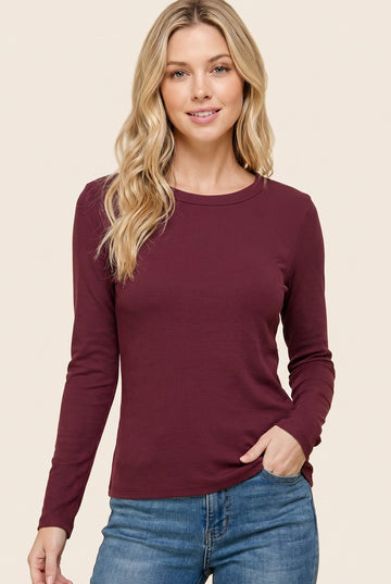 Burgundy Fitted Ribbed Long Sleeve