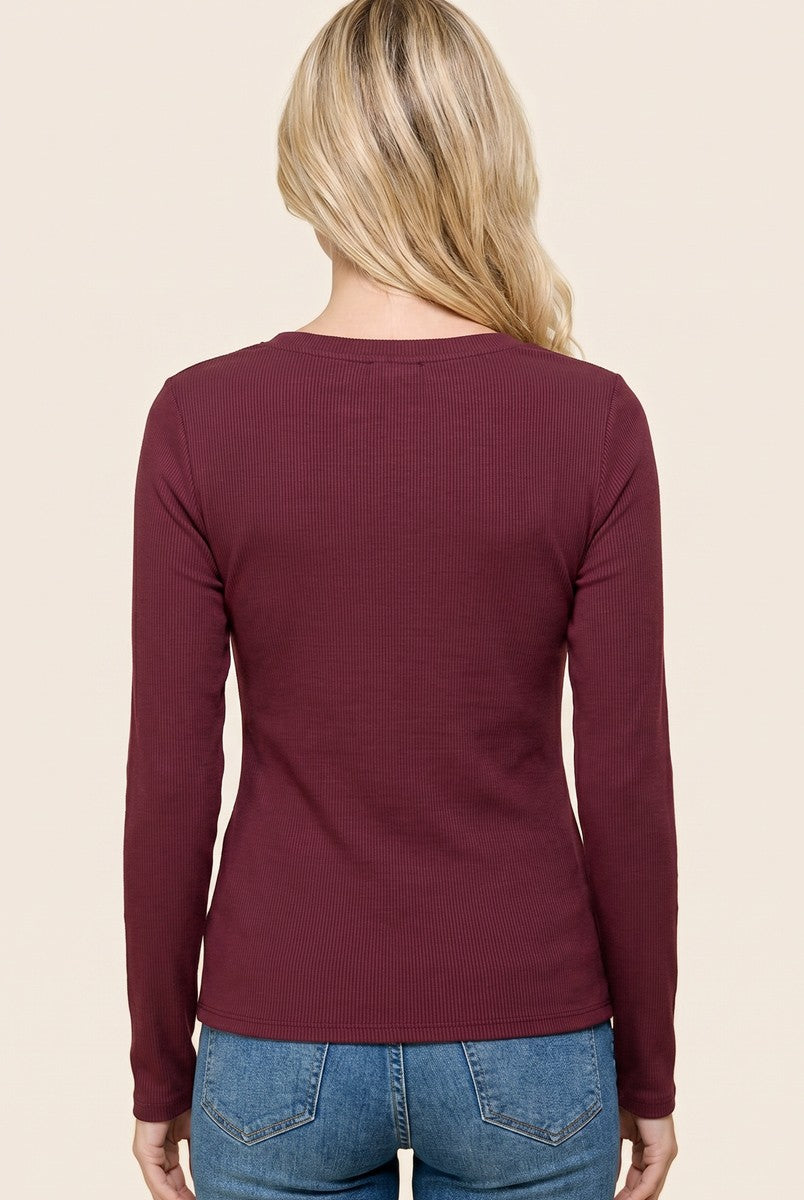 Burgundy Fitted Ribbed Long Sleeve