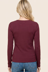 Burgundy Fitted Ribbed Long Sleeve