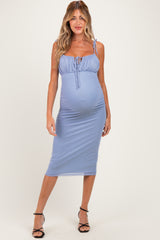 Light Blue Sleeveless Ruched Bust Maternity Midi Dress