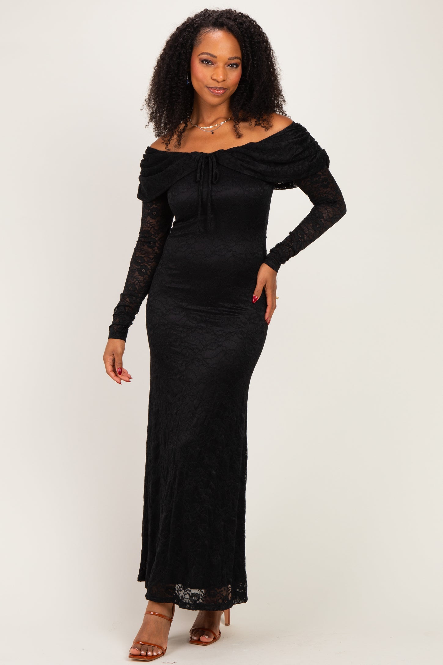 Black Lace Off Shoulder Long Sleeve Maternity Maxi Dress