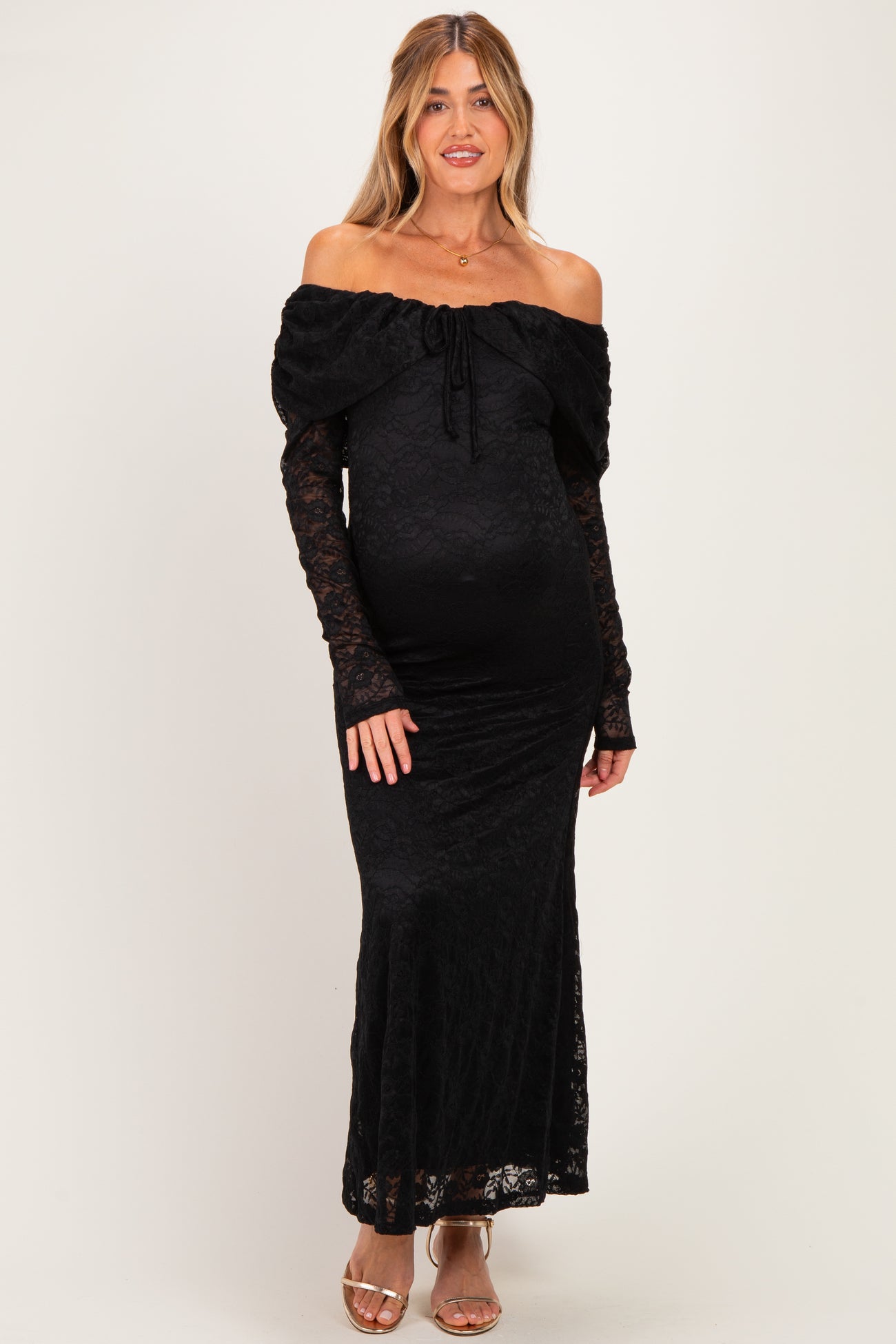 Black Lace Off Shoulder Long Sleeve Maternity Maxi Dress