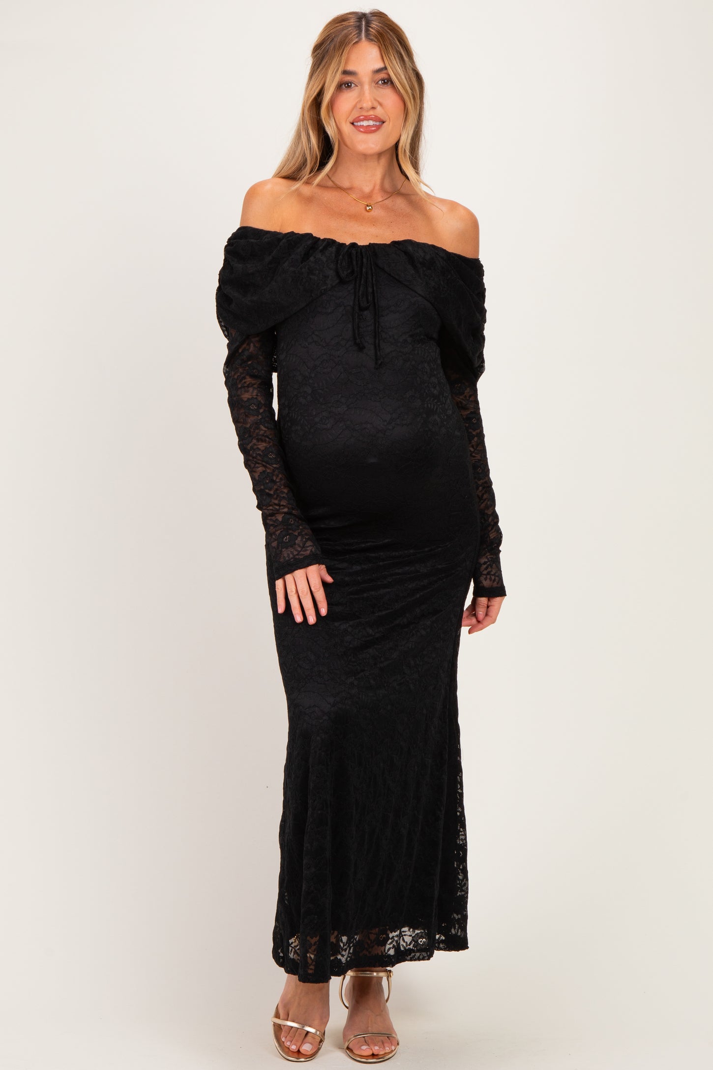 Black Lace Off Shoulder Long Sleeve Maternity Maxi Dress