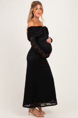 Black Lace Off Shoulder Long Sleeve Maternity Maxi Dress