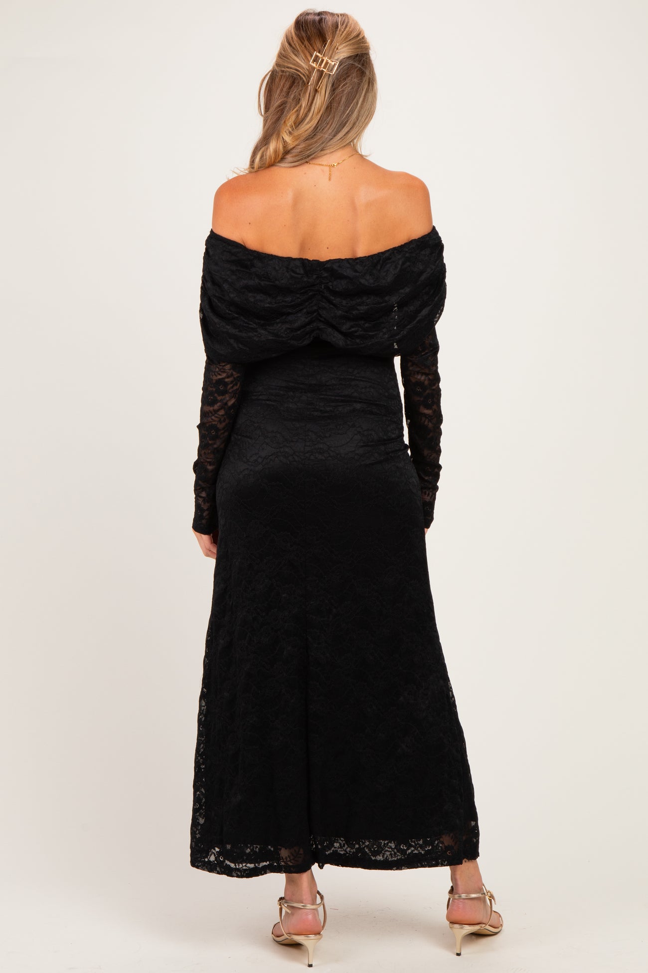 Black Lace Off Shoulder Long Sleeve Maternity Maxi Dress