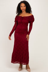 Burgundy Lace Off Shoulder Long Sleeve Maxi Dress