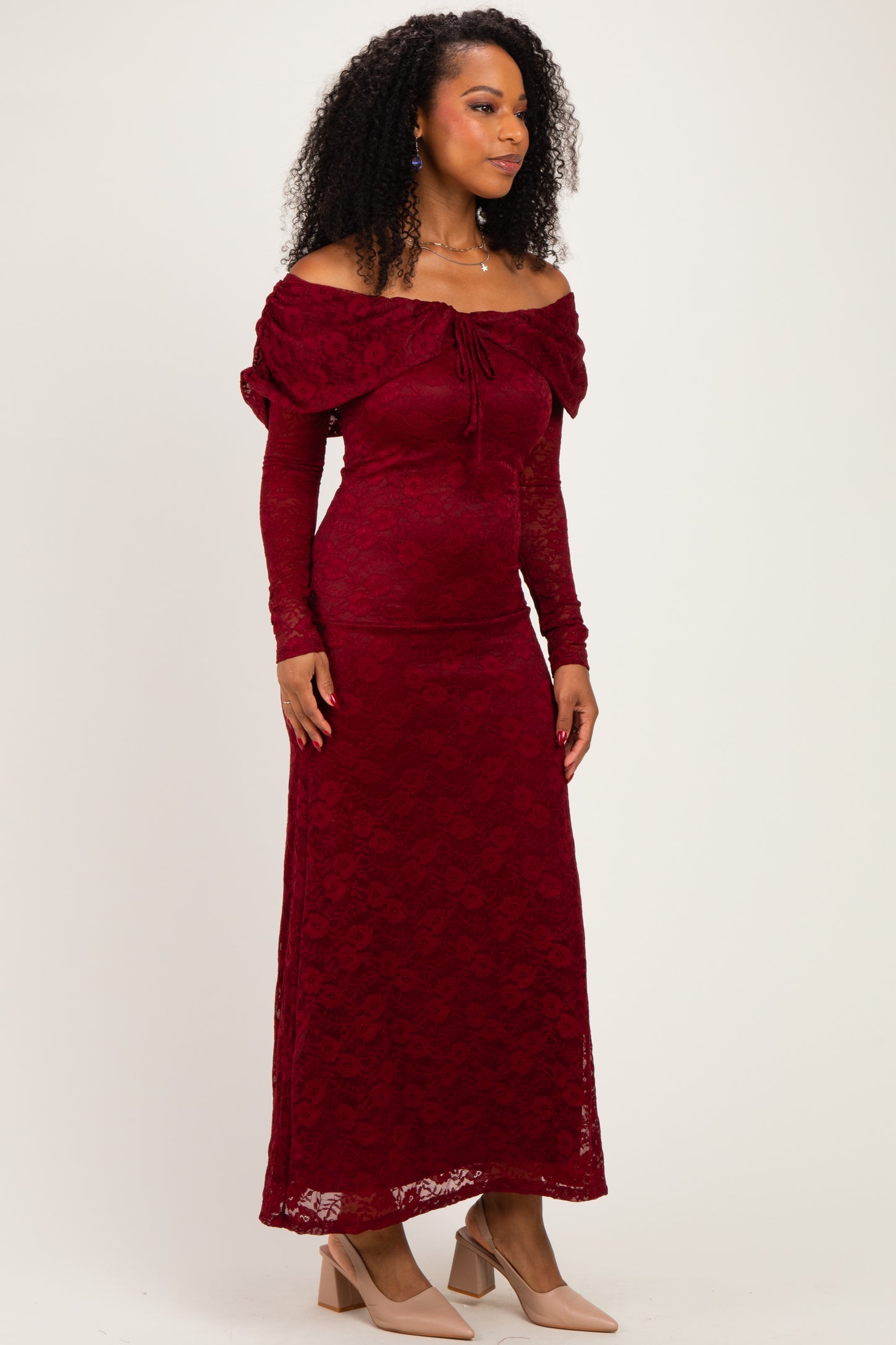 Burgundy Lace Off Shoulder Long Sleeve Maxi Dress