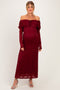 Burgundy Lace Off Shoulder Long Sleeve Maternity Maxi Dress