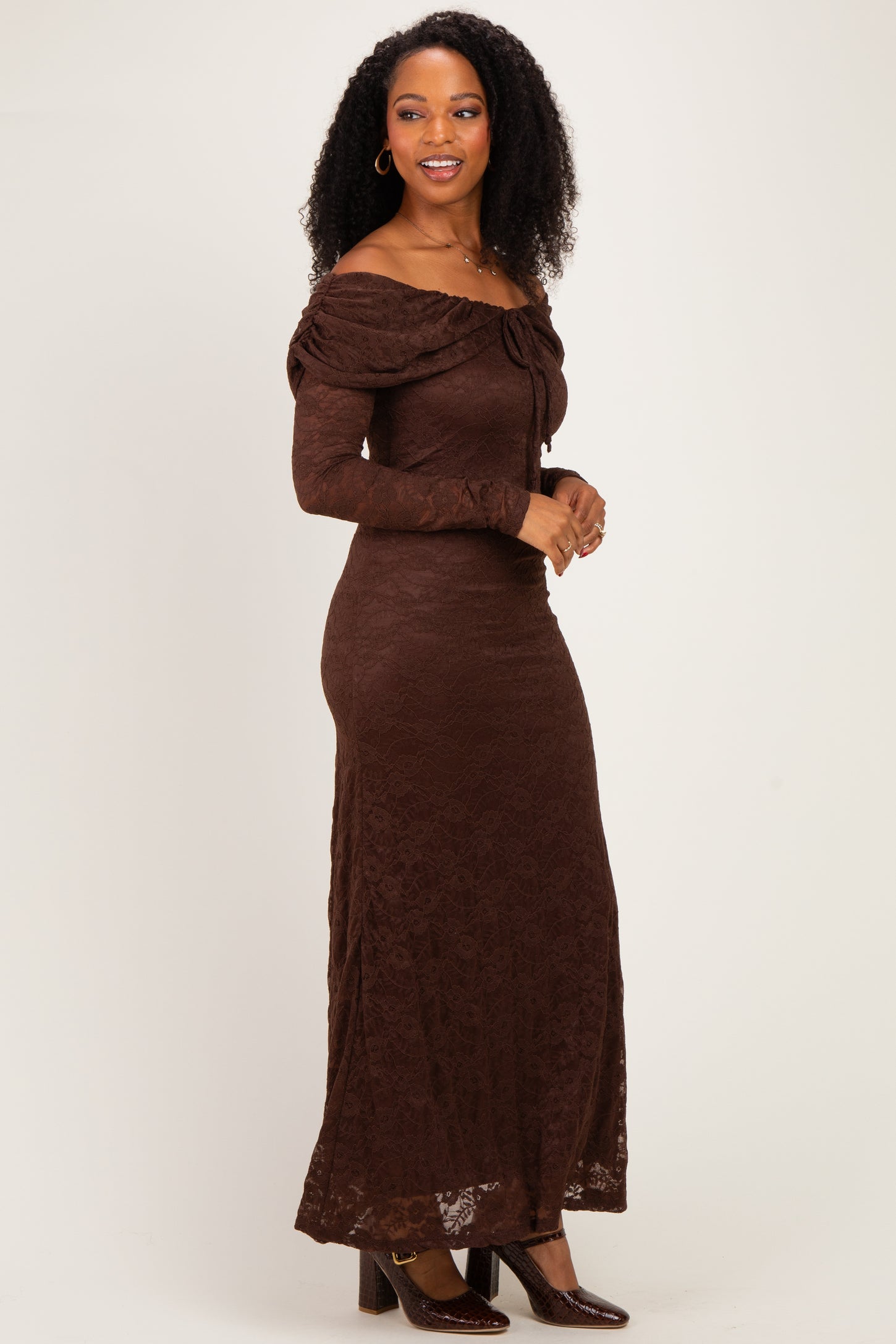 Brown Lace Off Shoulder Long Sleeve Maxi Dress