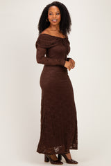 Brown Lace Off Shoulder Long Sleeve Maxi Dress