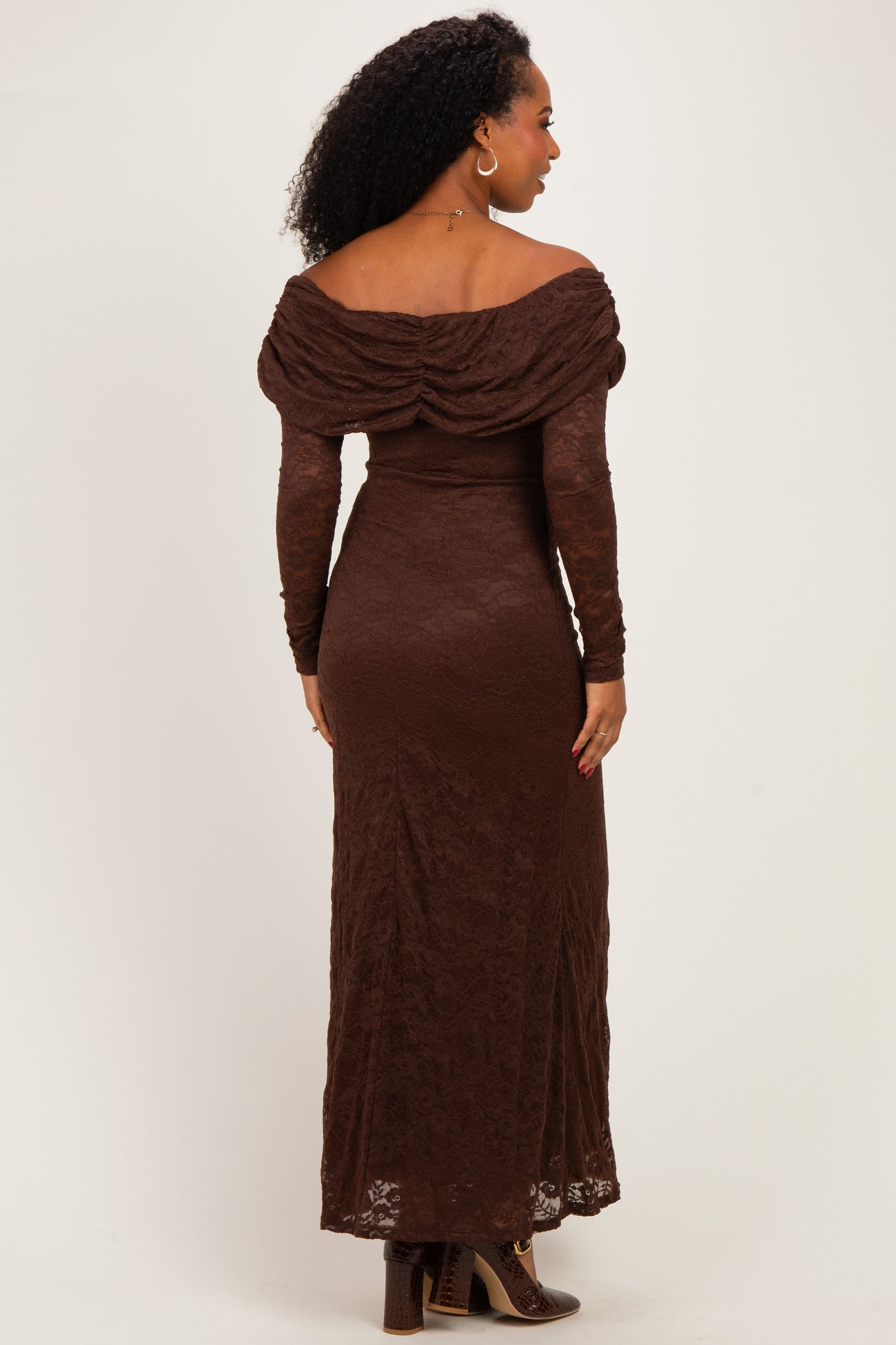 Brown Lace Off Shoulder Long Sleeve Maxi Dress