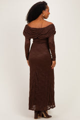 Brown Lace Off Shoulder Long Sleeve Maxi Dress