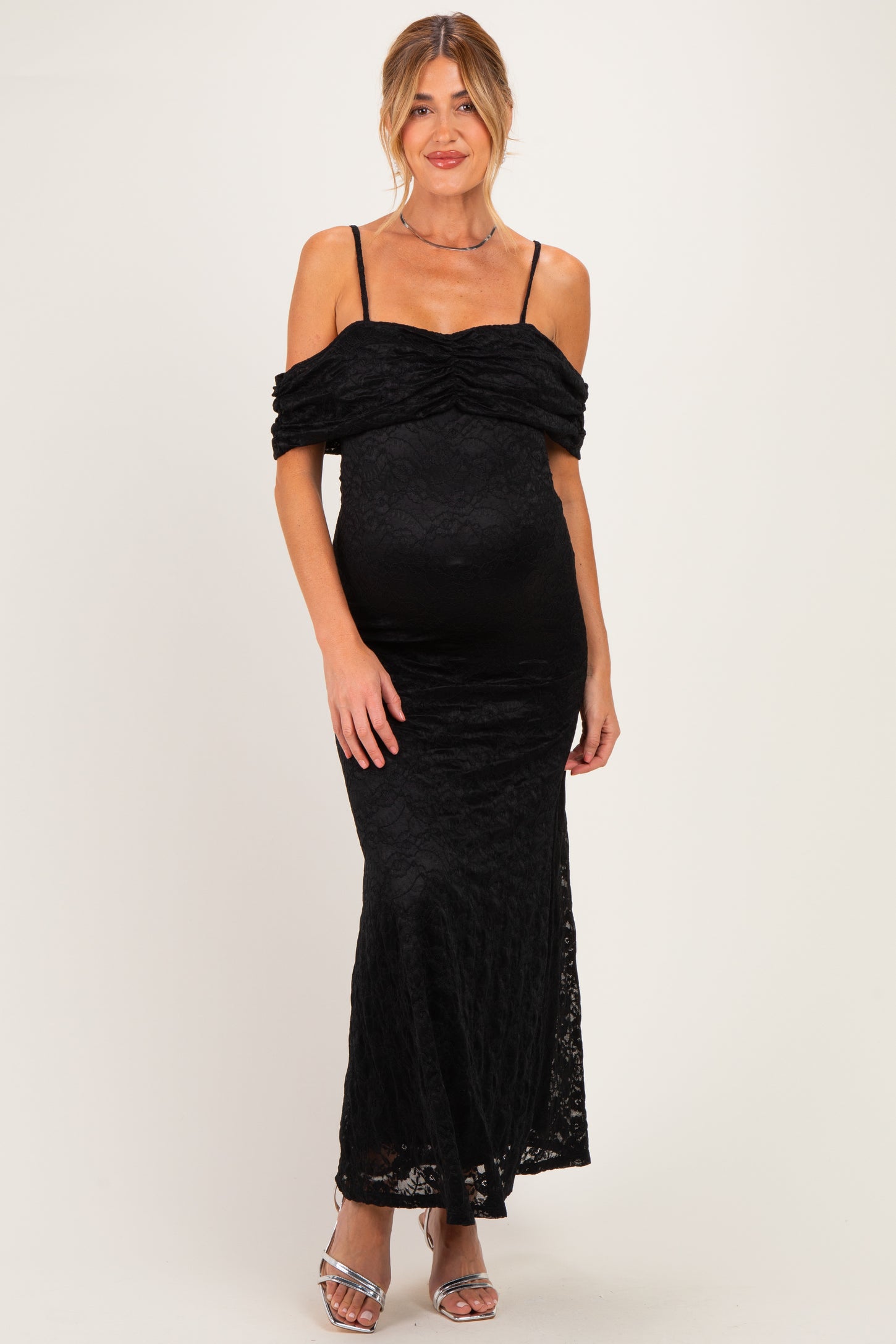 Black Lace Off Shoulder Maternity Maxi Dress