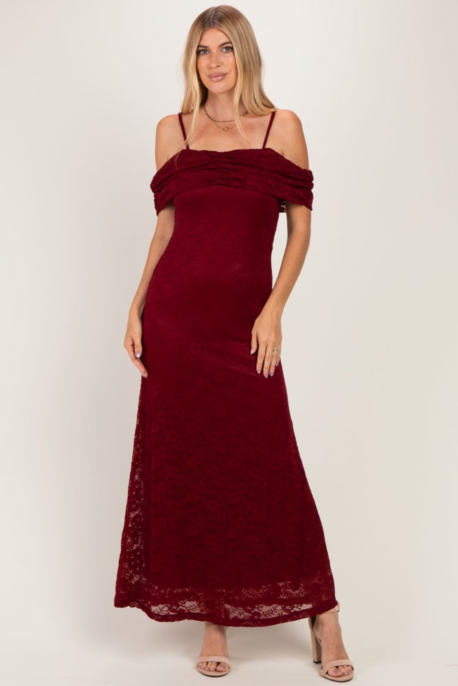 Burgundy Lace Off Shoulder Maternity Maxi Dress
