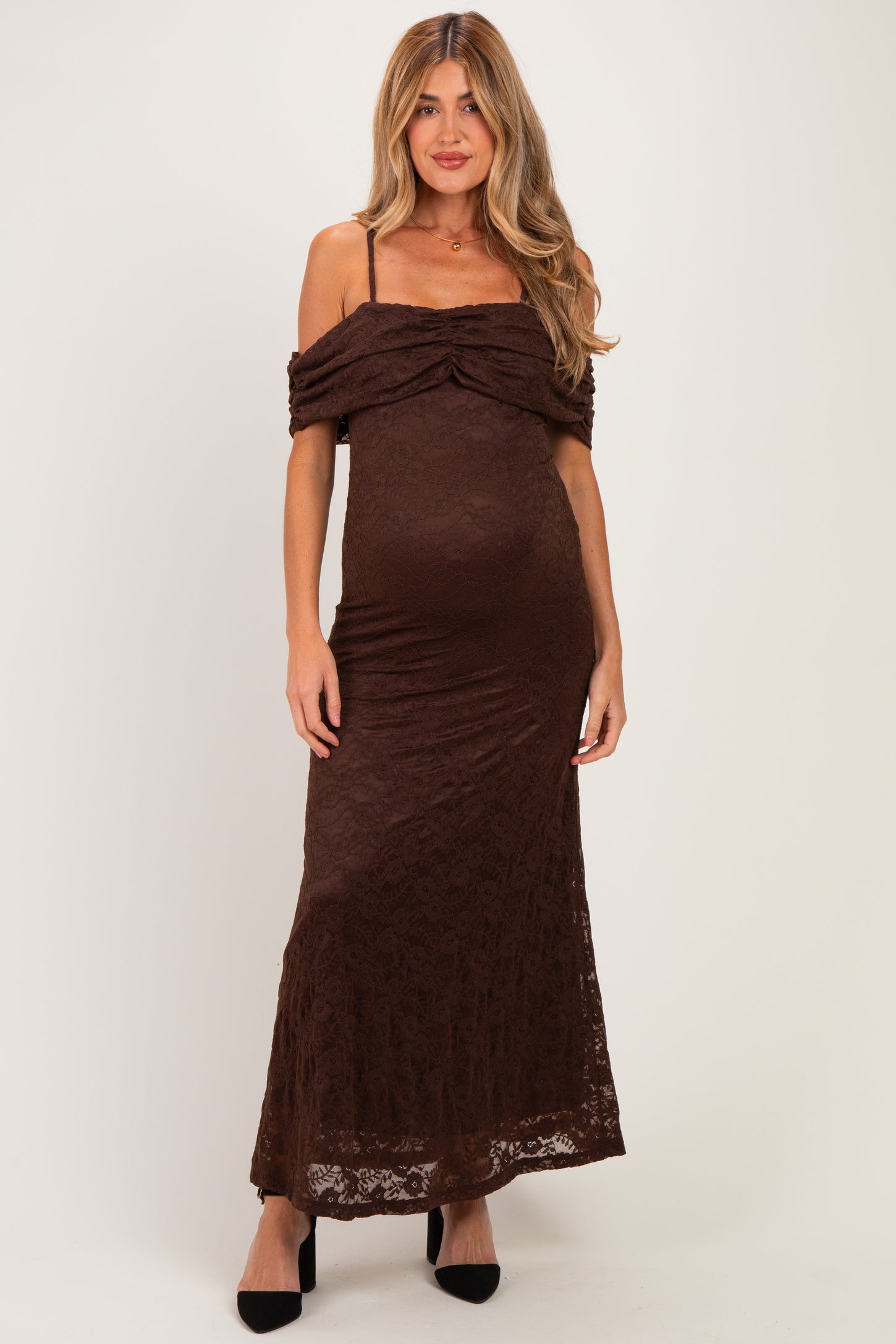 Brown Lace Off Shoulder Maternity Maxi Dress