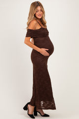Brown Lace Off Shoulder Maternity Maxi Dress