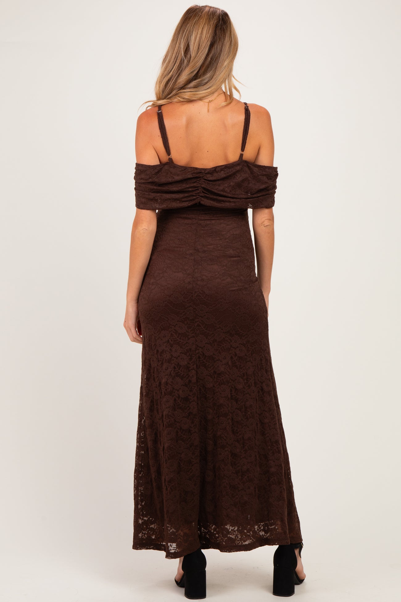 Brown Lace Off Shoulder Maternity Maxi Dress