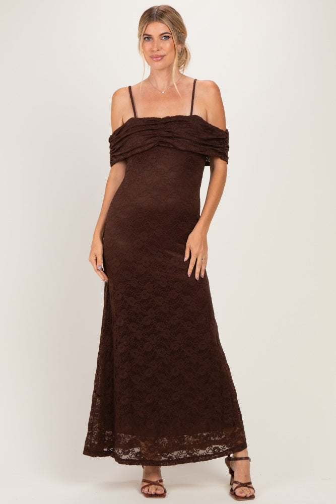 Brown Lace Off Shoulder Maxi Dress
