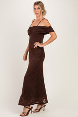 Brown Lace Off Shoulder Maxi Dress