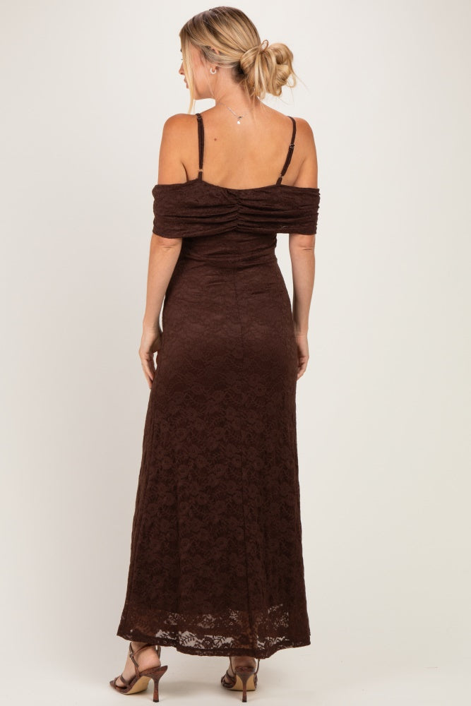 Brown Lace Off Shoulder Maxi Dress