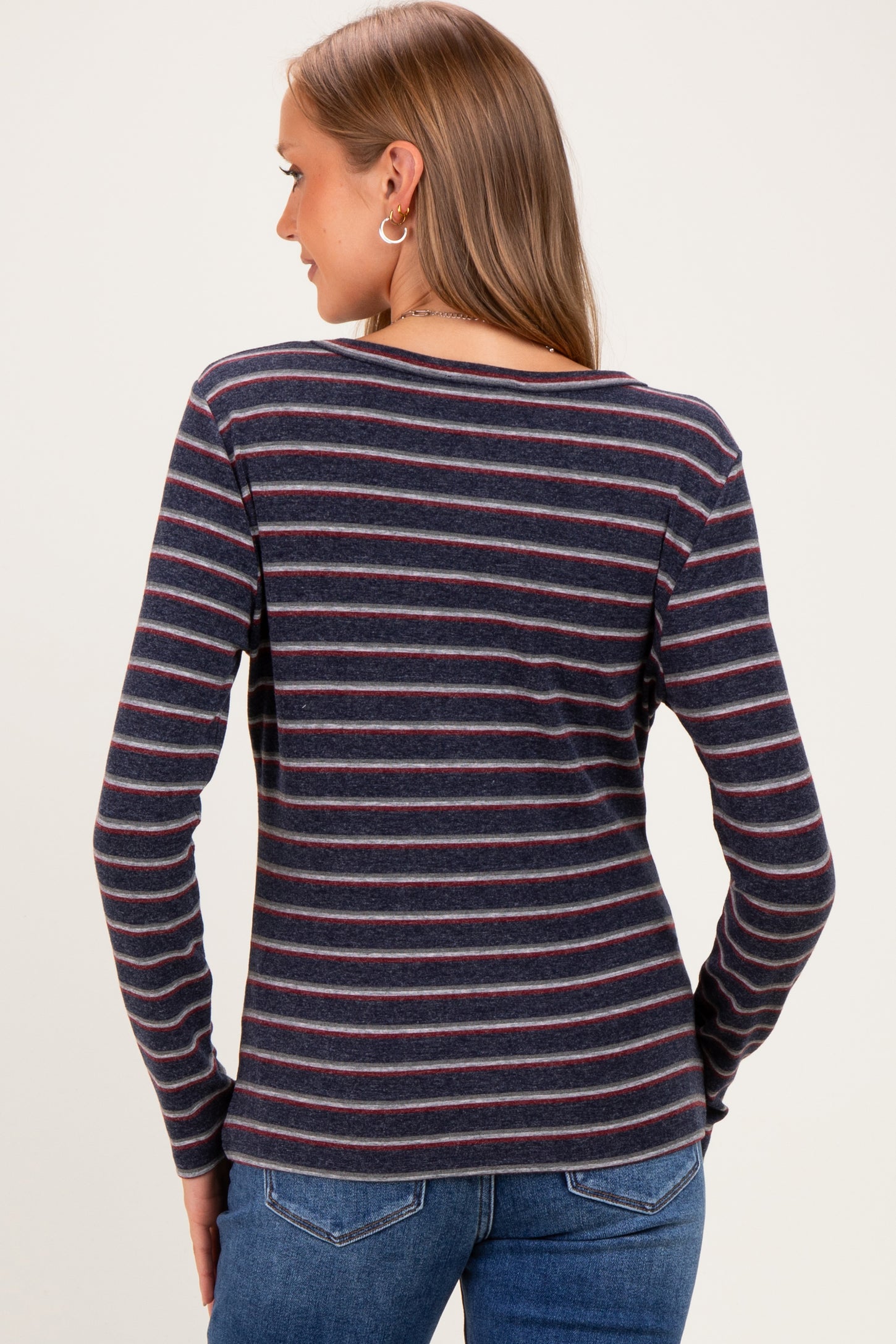 Navy Double Striped Long Sleeve Maternity Top
