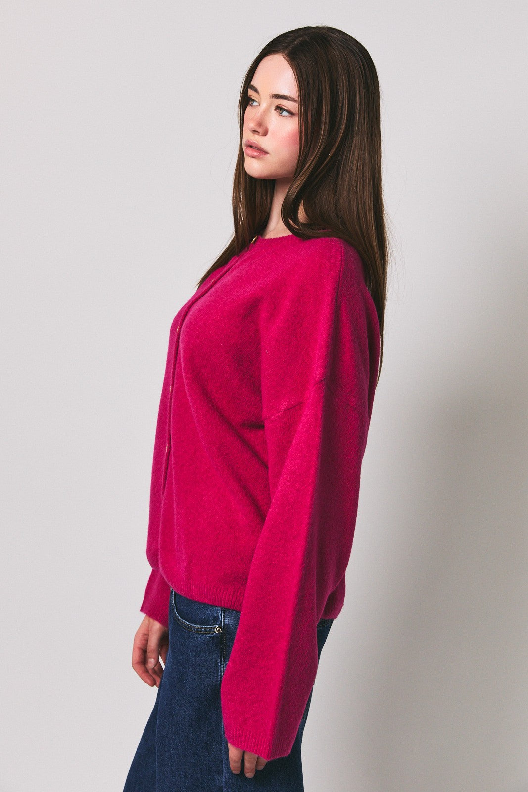 Raspberry Long Sleeve Crew Neck Cardigan