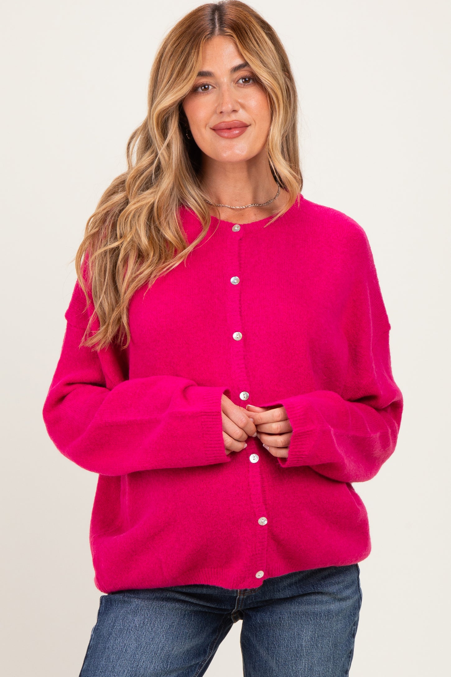 Raspberry Long Sleeve Crew Neck Maternity Cardigan