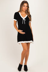 Black Contrast Ruffle Short Sleeve Maternity Mini Dress