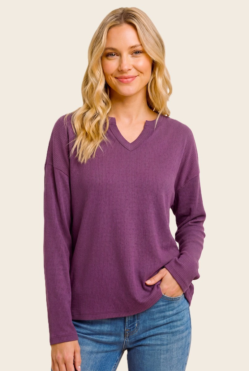 Plum Split Neck Oversized Brushed Knit Top
