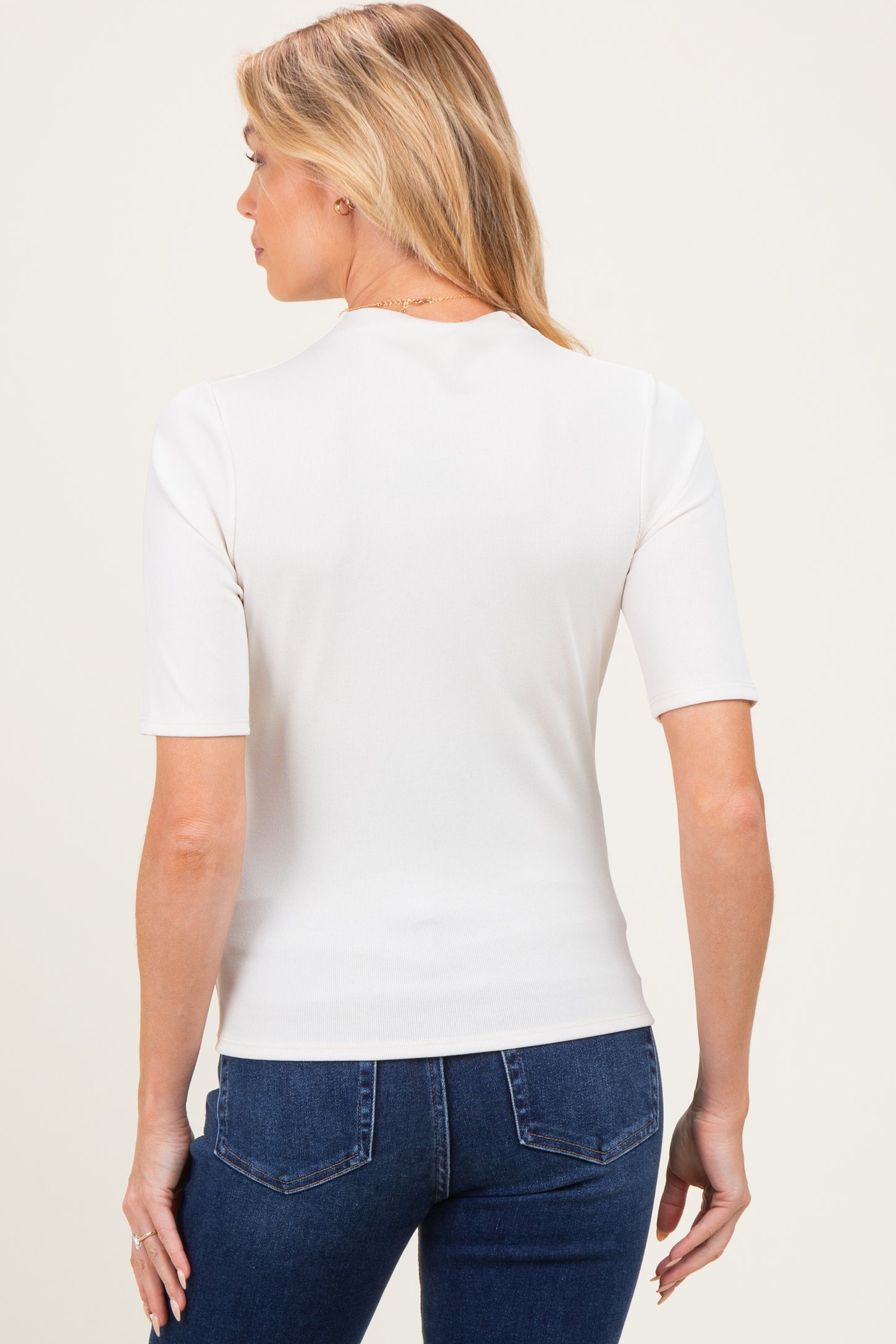 Ivory Funnel Neck Elbow Sleeve Top