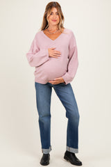 Dusty Pink V-Neck Drop Shoulder Maternity Sweater