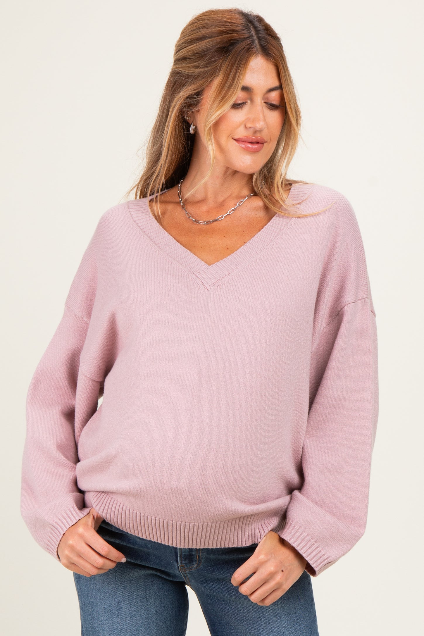 Dusty Pink V-Neck Drop Shoulder Maternity Sweater