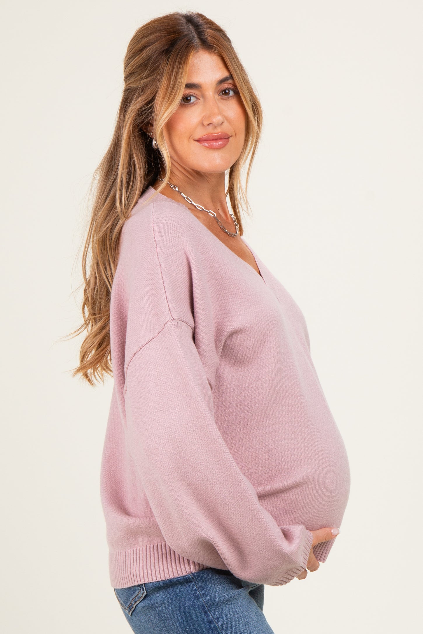 Dusty Pink V-Neck Drop Shoulder Maternity Sweater
