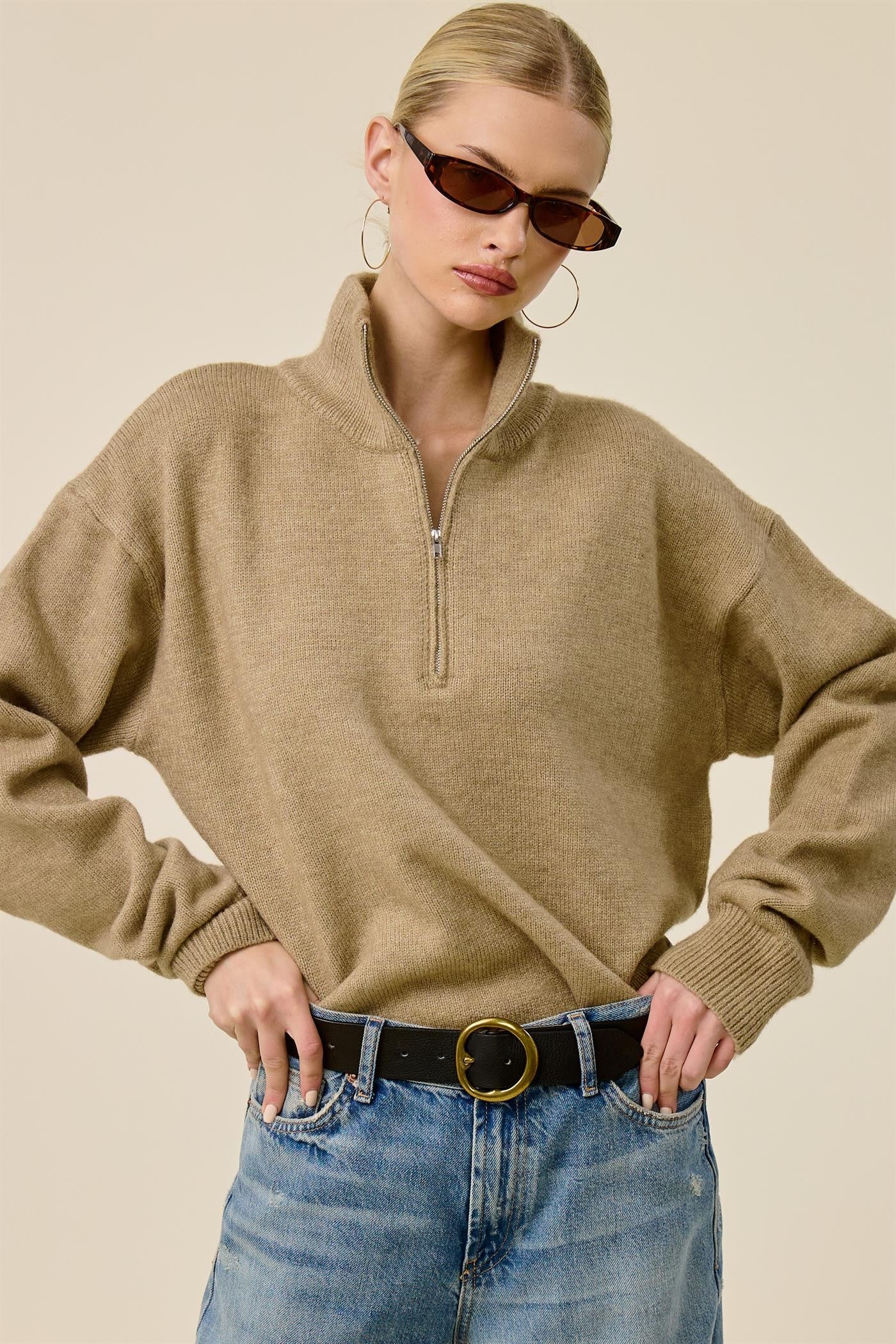 Taupe Half Zip Mock Neck Sweater – PinkBlush