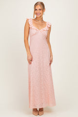 Pink Textured Short Sleeve Sweetheart Maternity Maxi Dress