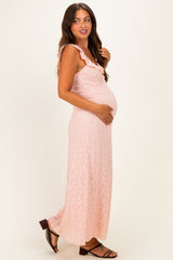 Pink Textured Short Sleeve Sweetheart Maternity Maxi Dress