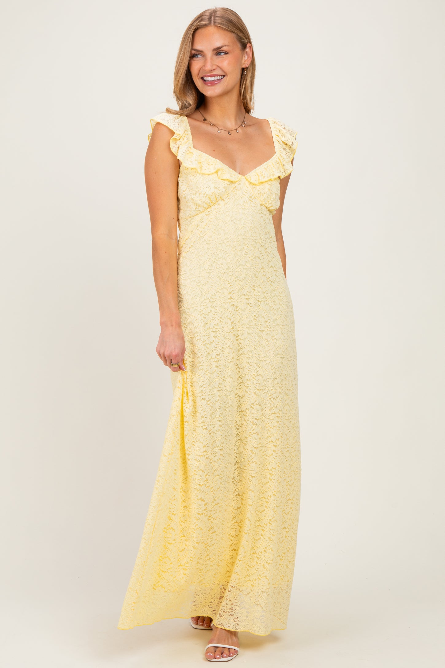 Yellow Textured Short Sleeve Sweetheart Maternity Maxi Dress