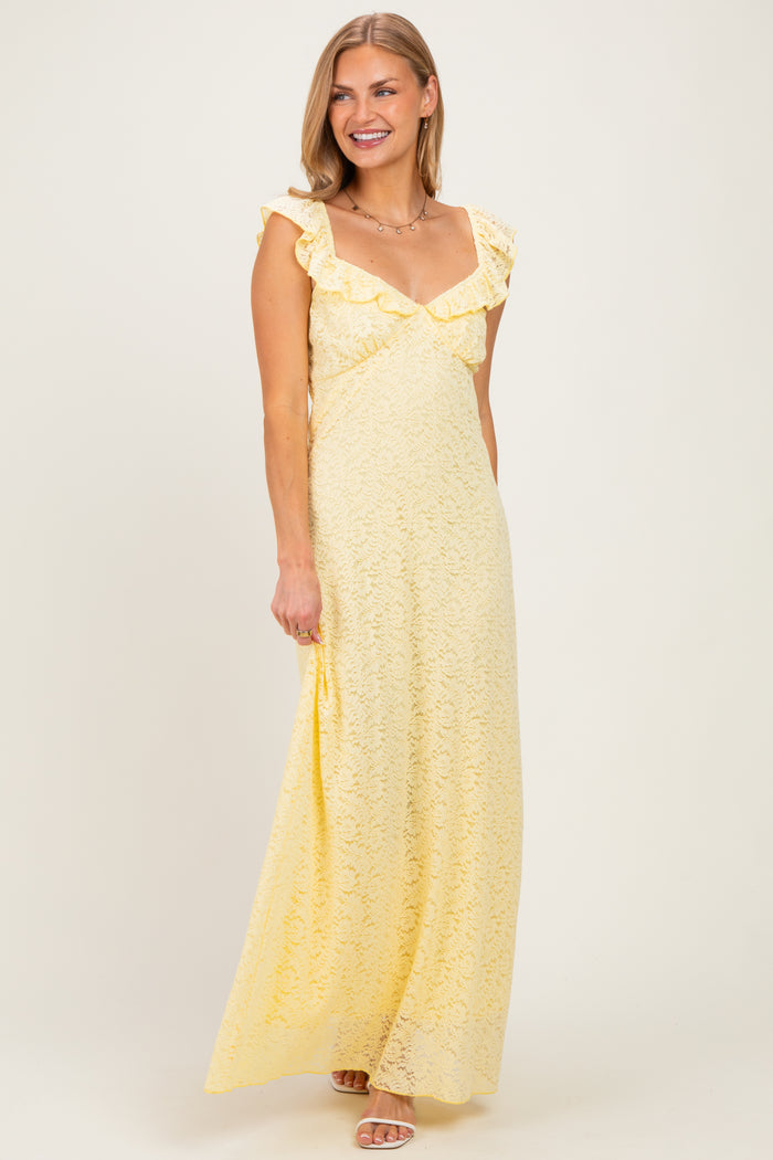 Yellow Textured Short Sleeve Sweetheart Maternity Maxi Dress