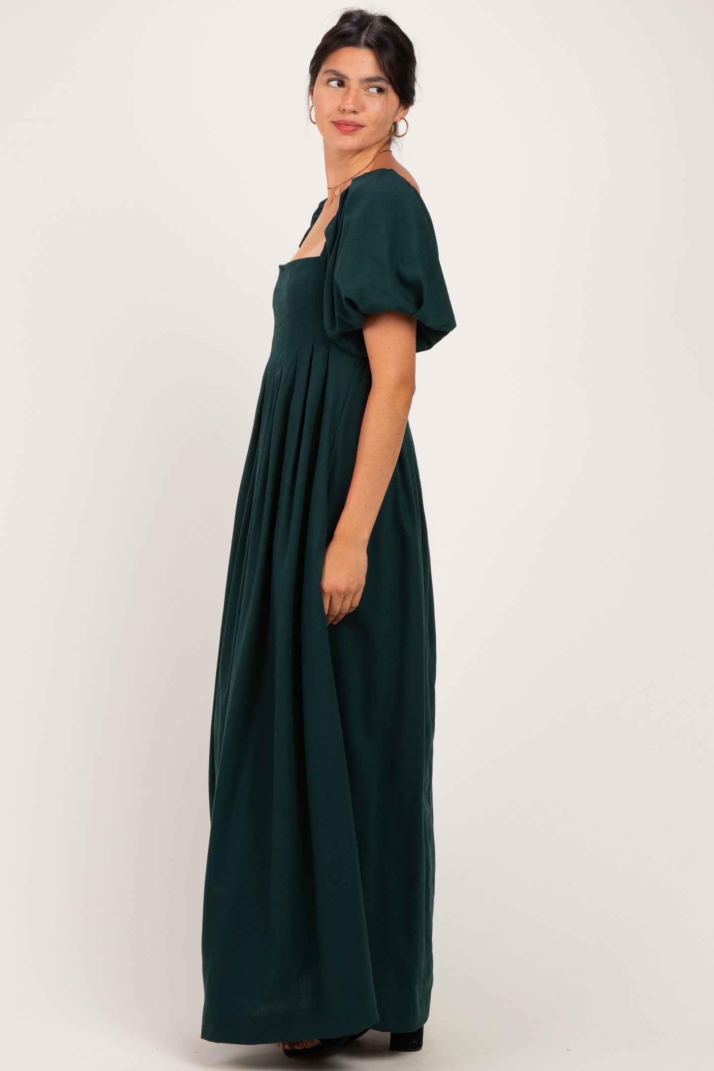 Hunter Green Square Neck Puff Sleeve Maxi Dress