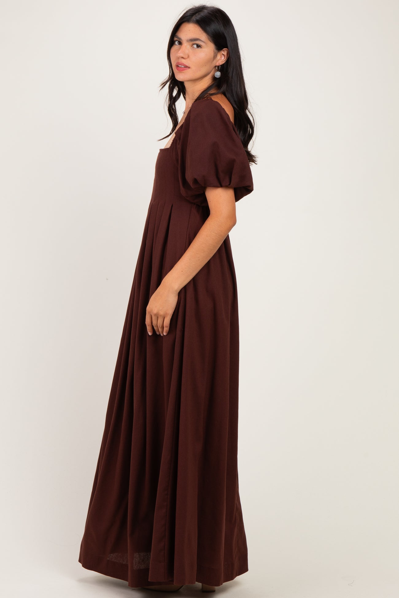 Dark Brown Square Neck Puff Sleeve Maxi Dress