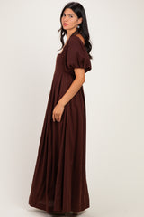 Dark Brown Square Neck Puff Sleeve Maxi Dress