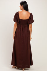 Dark Brown Square Neck Puff Sleeve Maxi Dress