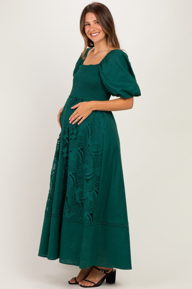 Hunter Green Crochet Lace Smocked Maternity Maxi Dress