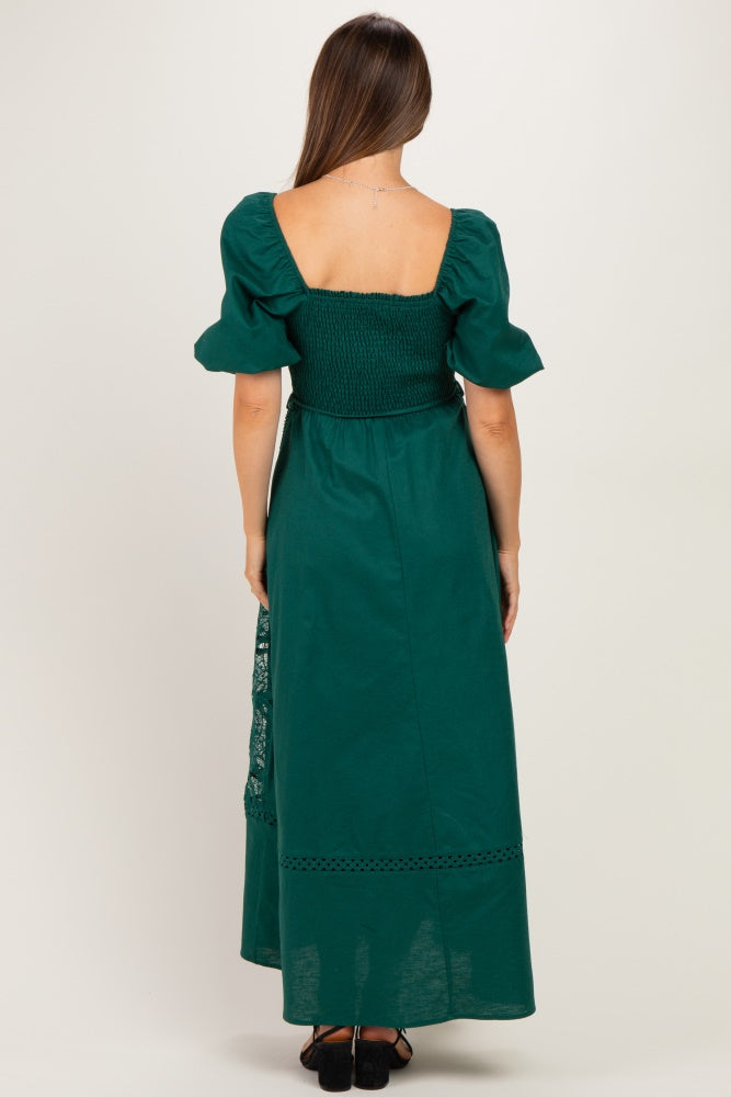 Hunter Green Crochet Lace Smocked Maternity Maxi Dress