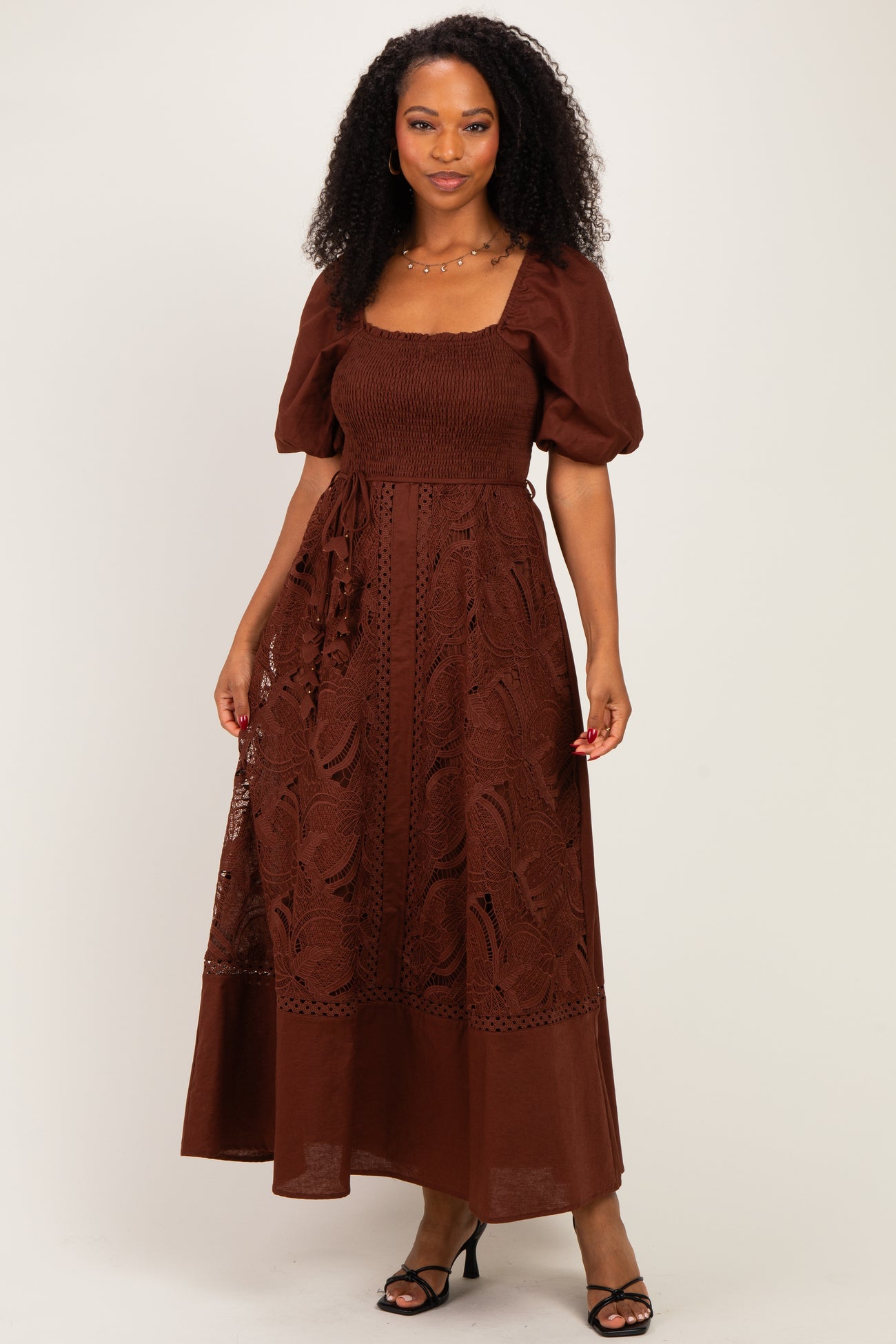 Dark Brown Crochet Lace Smocked Maternity Maxi Dress