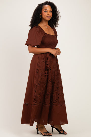 Dark Brown Lace Smocked Maxi Dress