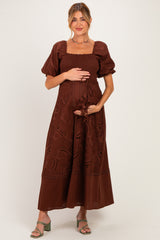 Dark Brown Crochet Lace Smocked Maternity Maxi Dress