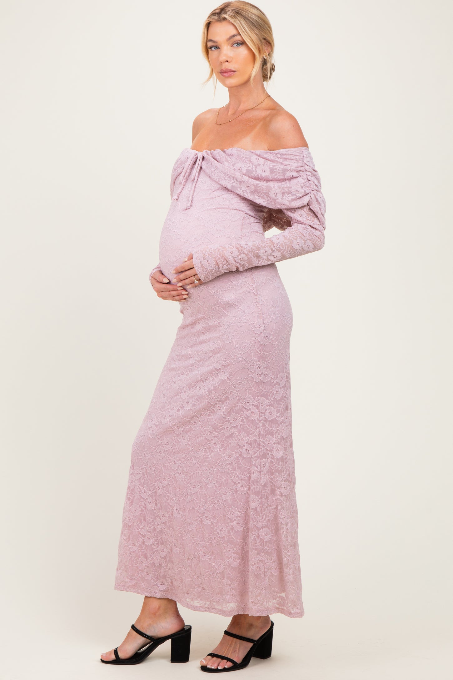 Light Pink Lace Off Shoulder Long Sleeve Maternity Maxi Dress