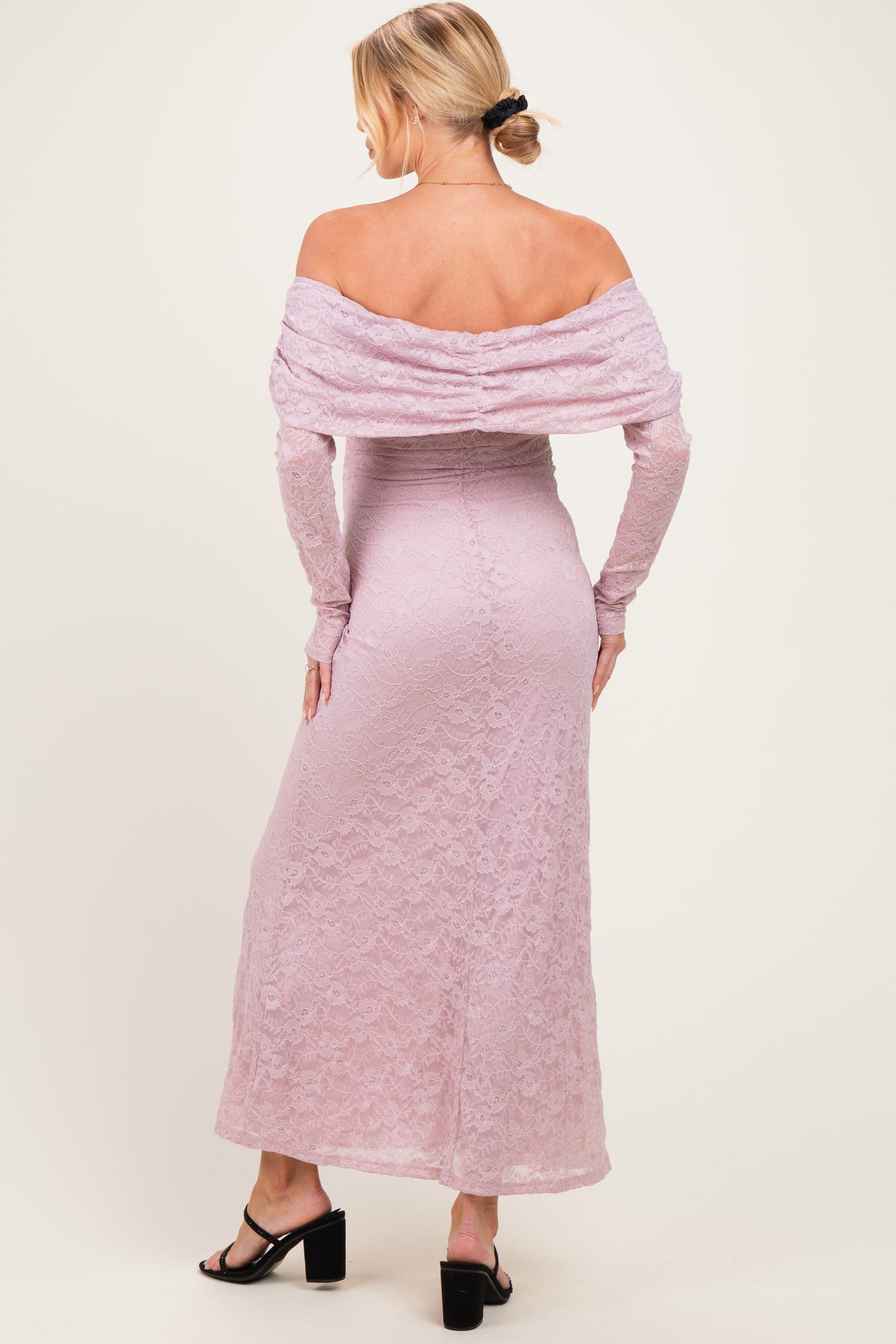 Light Pink Lace Off Shoulder Long Sleeve Maternity Maxi Dress – PinkBlush