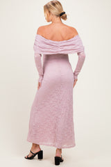 Light Pink Lace Off Shoulder Long Sleeve Maternity Maxi Dress